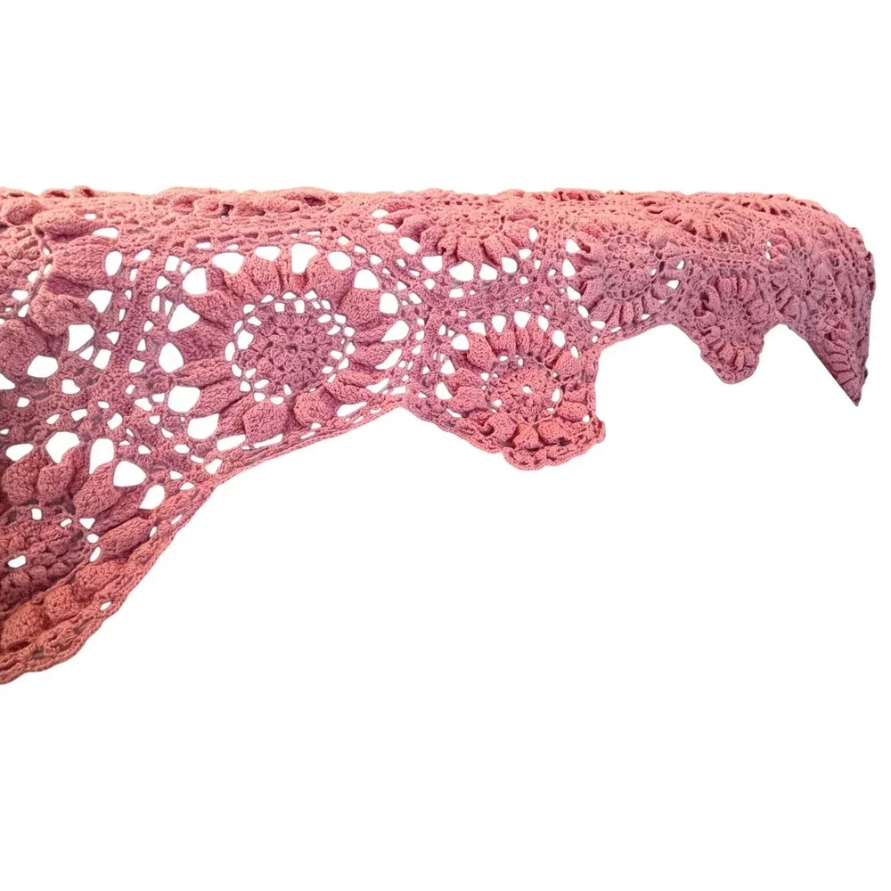 Vintage Handmade Pink Crochet Sunflower Popcorn Stitch Bedspread Coverlet Boho